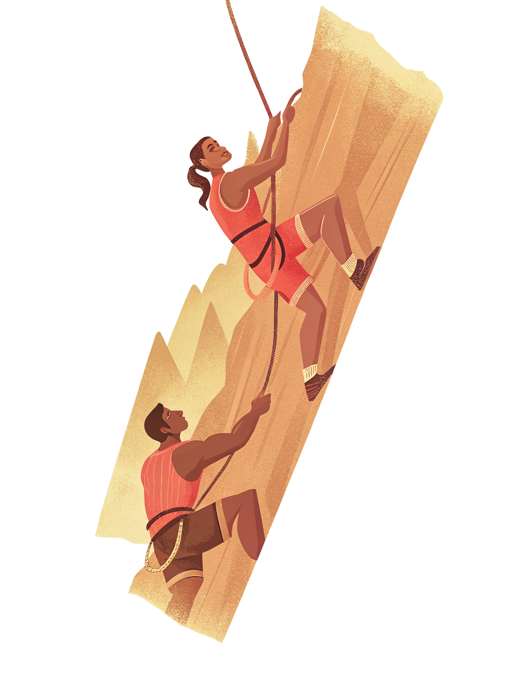 A woman climbing a cliff face with determination while her partner belays from below, both connected by a rope