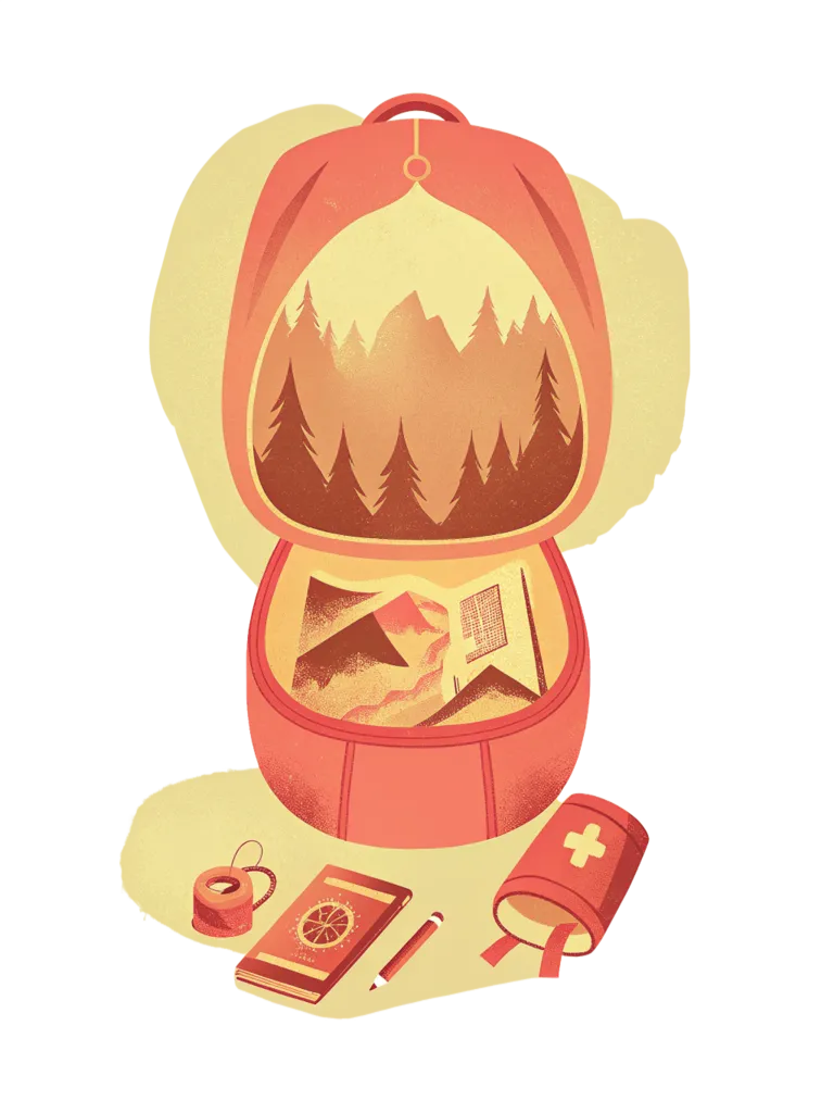 An open backpack with maps, compass, first aid kit, and journal spilling out