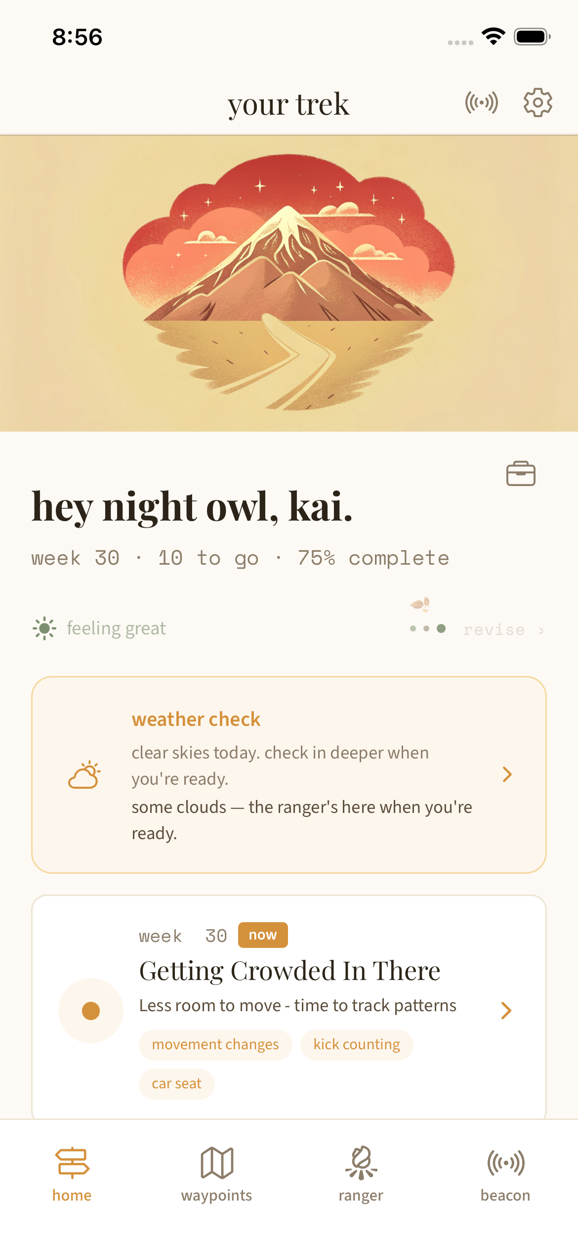 Belay home screen — mountain illustration, weather check, weekly waypoint