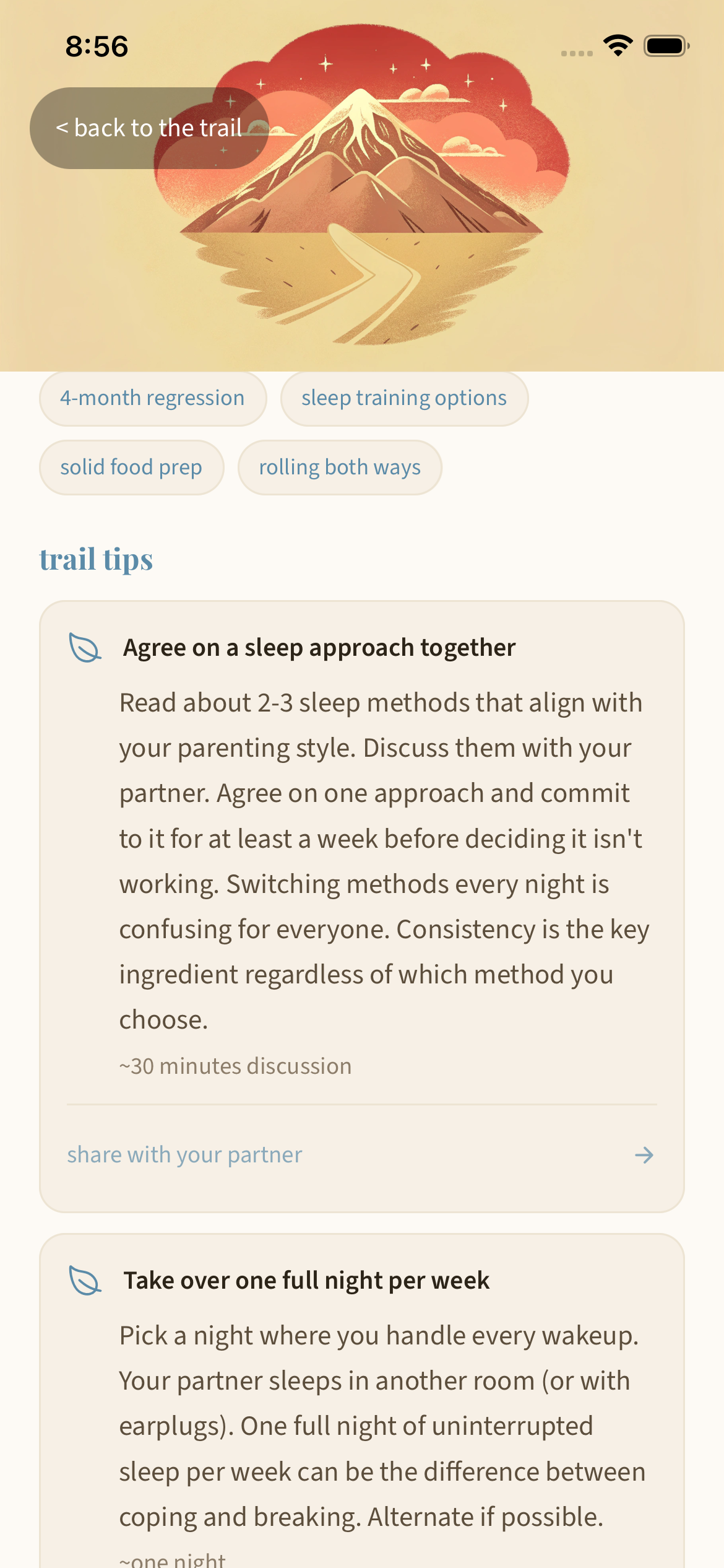 Postpartum trail tips — sleep training, solid food prep, actionable advice for new parents