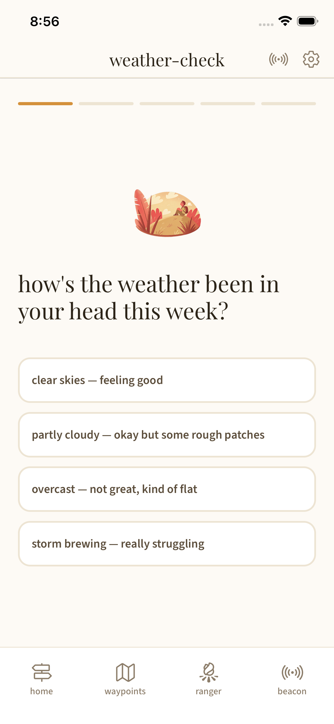 Weather Check — mood check-in with trail-themed options